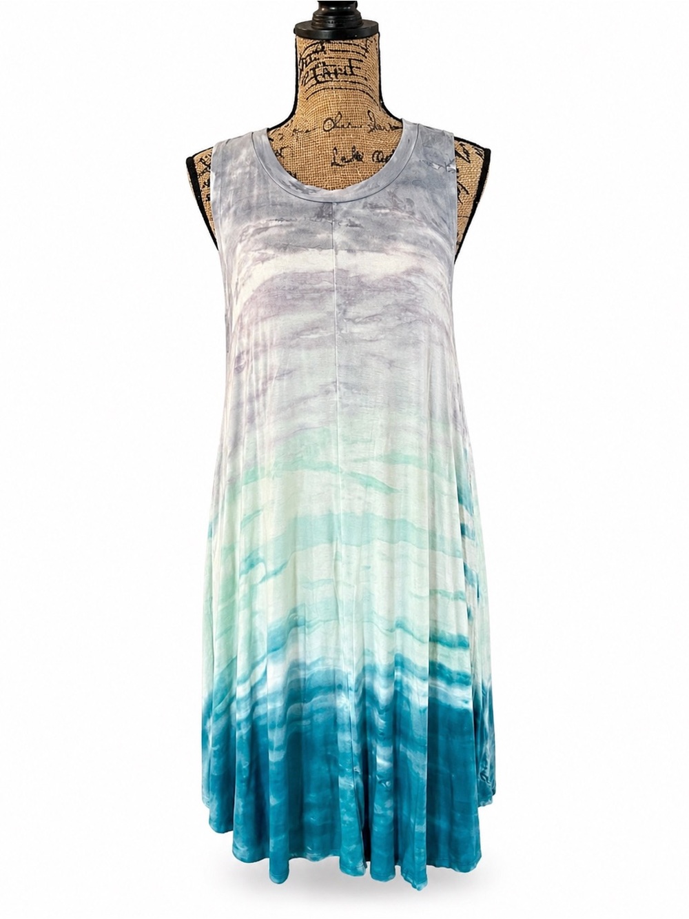 New with Tag! $58 Cupio Sleeveless Ombre Tie-Dye Swing Dress in Teal & Aqua sz L